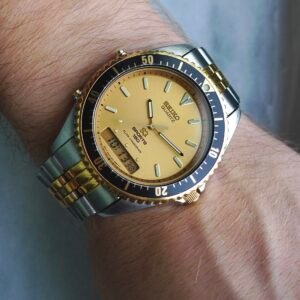 Vintage 1991 Seiko SQ Gold Sunburst Ana-Digi Chronograph H601-8089