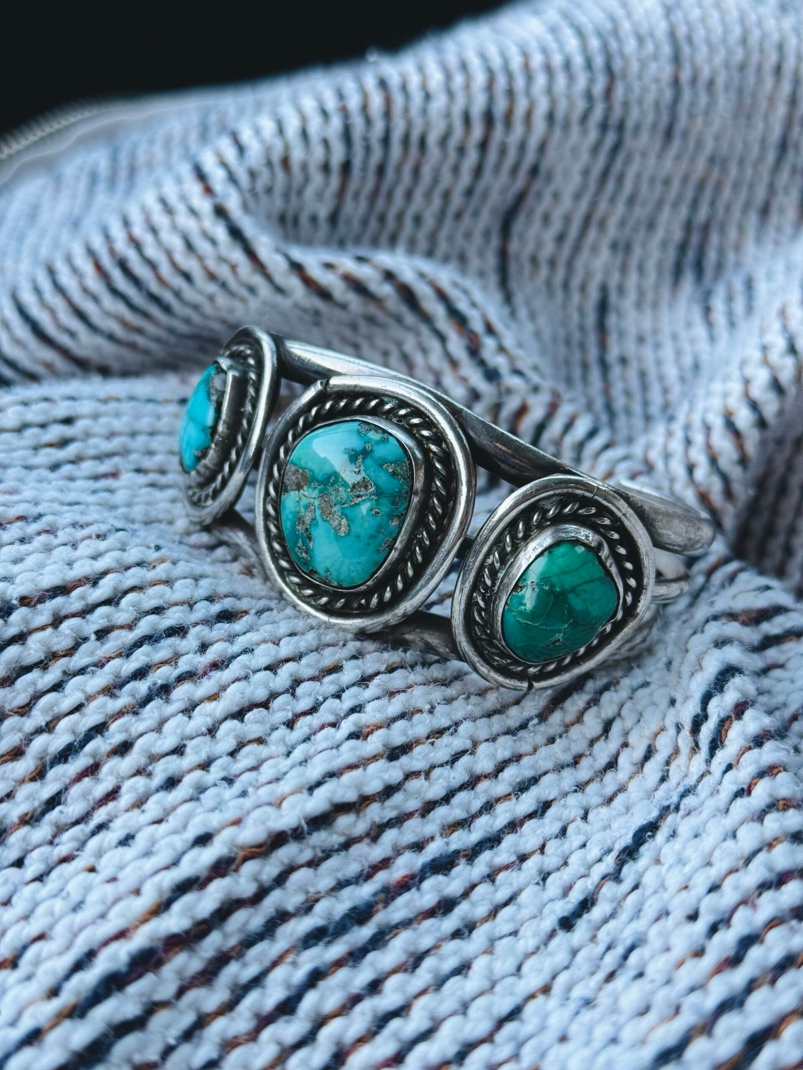 Sterling Silver Three Turquoise Cuff Bracelet Vintage Fred Harvey Era