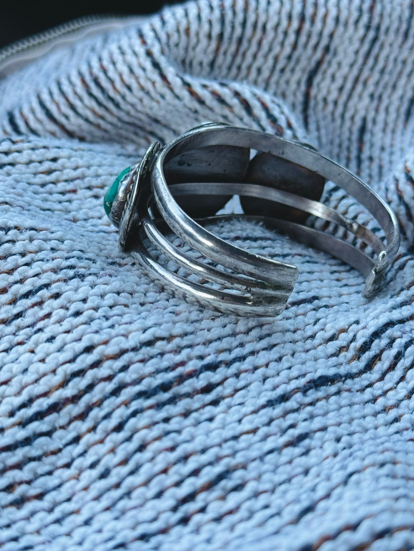 Sterling Silver Three Turquoise Cuff Bracelet Vintage Fred Harvey Era - Image 8